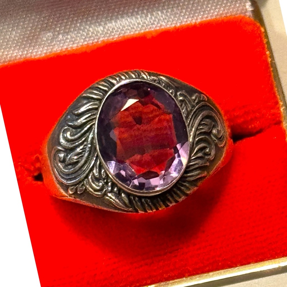 Mens Womens Vintage Handmade Amethyst Fancy Gemstone Sterling Silver 925 Ring